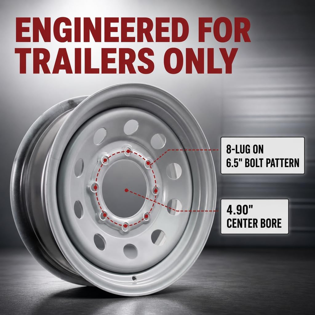 eCustomrim 2-Pack Trailer Wheel 16X6 16 Inch 8 Lug Silver Modular Rim | 16 X 6 Silver Grey Rim, 8 Lug on 6.5 Inch Bolt Pattern, 4.90 Inch Center Bore, 3750 Lbs Max Load, Trailer Tire Use Only
