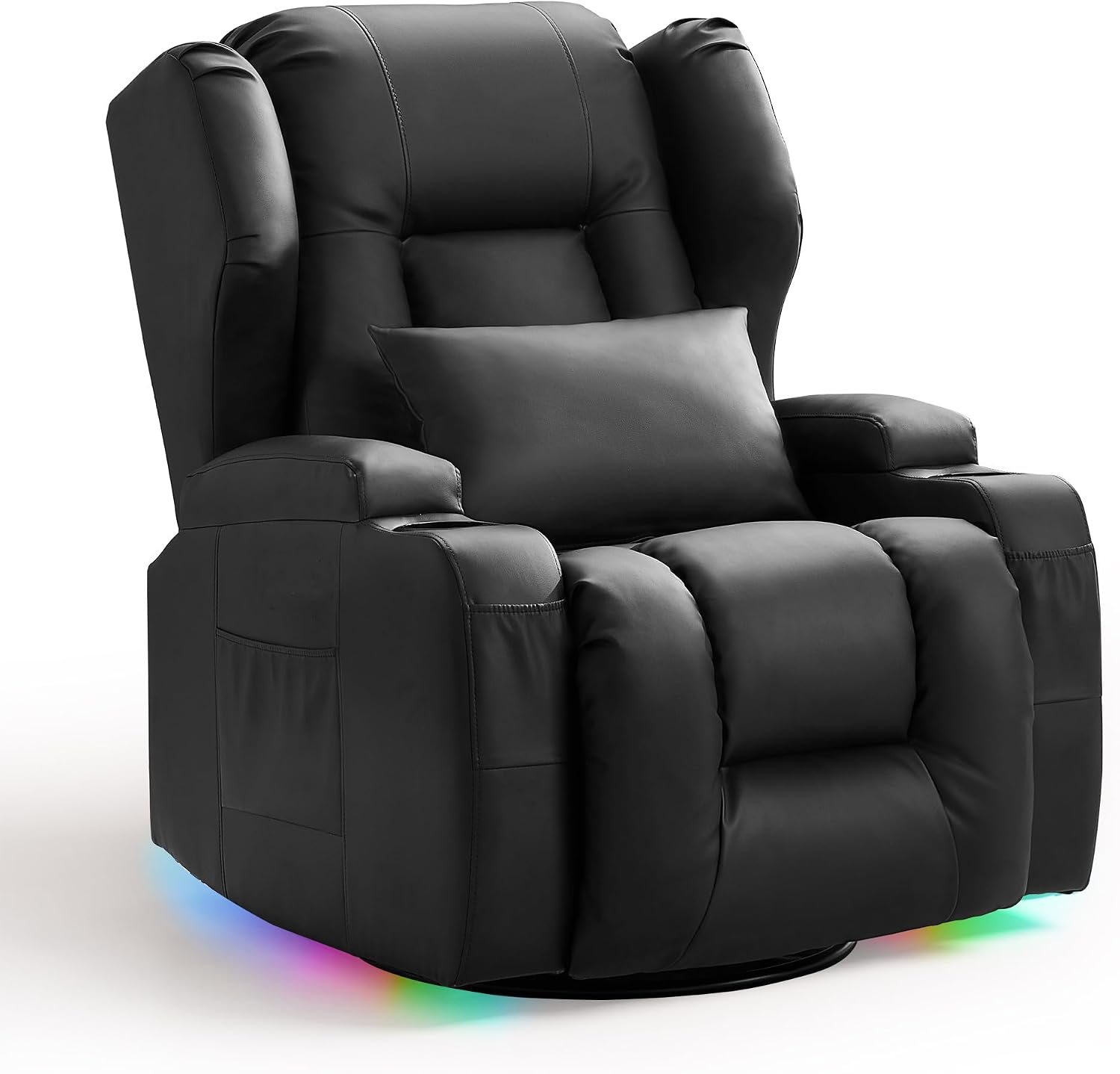 TUNYI Power Recliner Chair - Faux Leather Home Theater Seating Glider Reclining Sofa with Massage & Heat Swivel Rocker Recliner Chair for Living Room with LED Light/USB Port/Lumbar Pillow (Black)