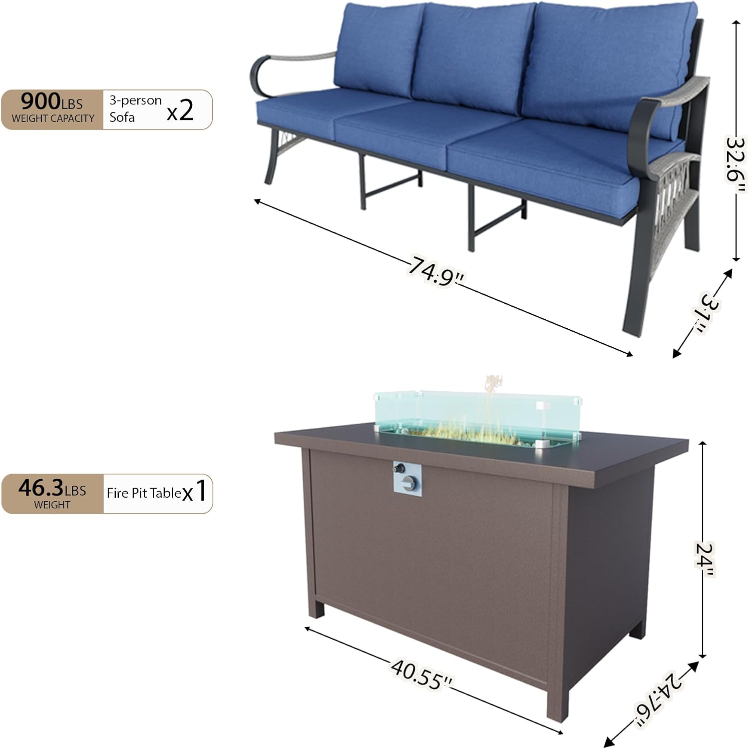 3 Pieces Modern Patio Furniture Set, All Weather Metal Outdoor Conversation Sets with Fire Pit Table for Backyard Garden Deck Porch Poolside, Blue