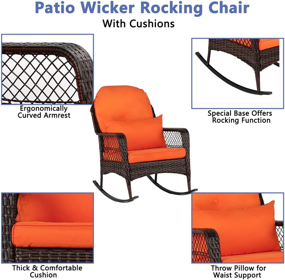 Outdoor Wicker Rocking Chair, Patio Rattan Rocker Chair with Cushions & Steel Frame, All-Weather Rocking Lawn Wicker Furniture for Garden Backyard Porch