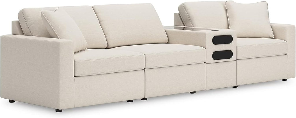 Signature Design by Ashley Modmax Coastal Modular Stain Resistant 4-Piece Sectional with Audio Console, Drawer, USB Ports and 2 Accent Pillows, Beige