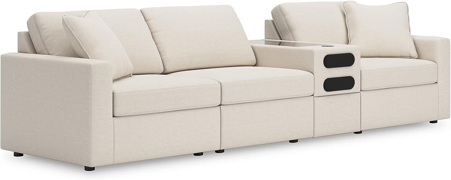 Signature Design by Ashley Modmax Coastal Modular Stain Resistant 4-Piece Sectional with Audio Console, Drawer, USB Ports and 2 Accent Pillows, Beige