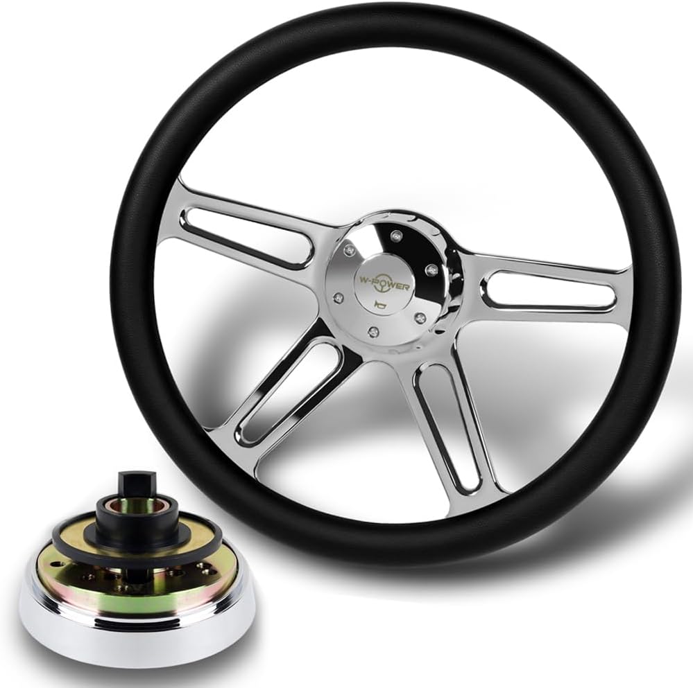 18' Universal 457mm 5 Bolt Hole 2 Inches Deep, Vintage Style Leather Grip Steering Wheel with Hub Adapter Compatible with T04 Kenworth, Peterbilt All Models (Black Leather Grip)