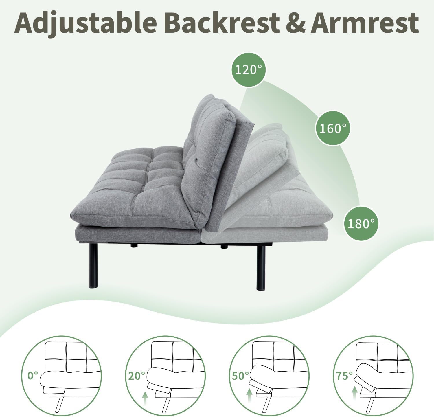 MUUEGM 71-Inch Futon Sofa Bed, Convertible Loveseat Sleeper | Airy Light Gray Linen | Adjustable Couch for Modern, Minimalist Spaces