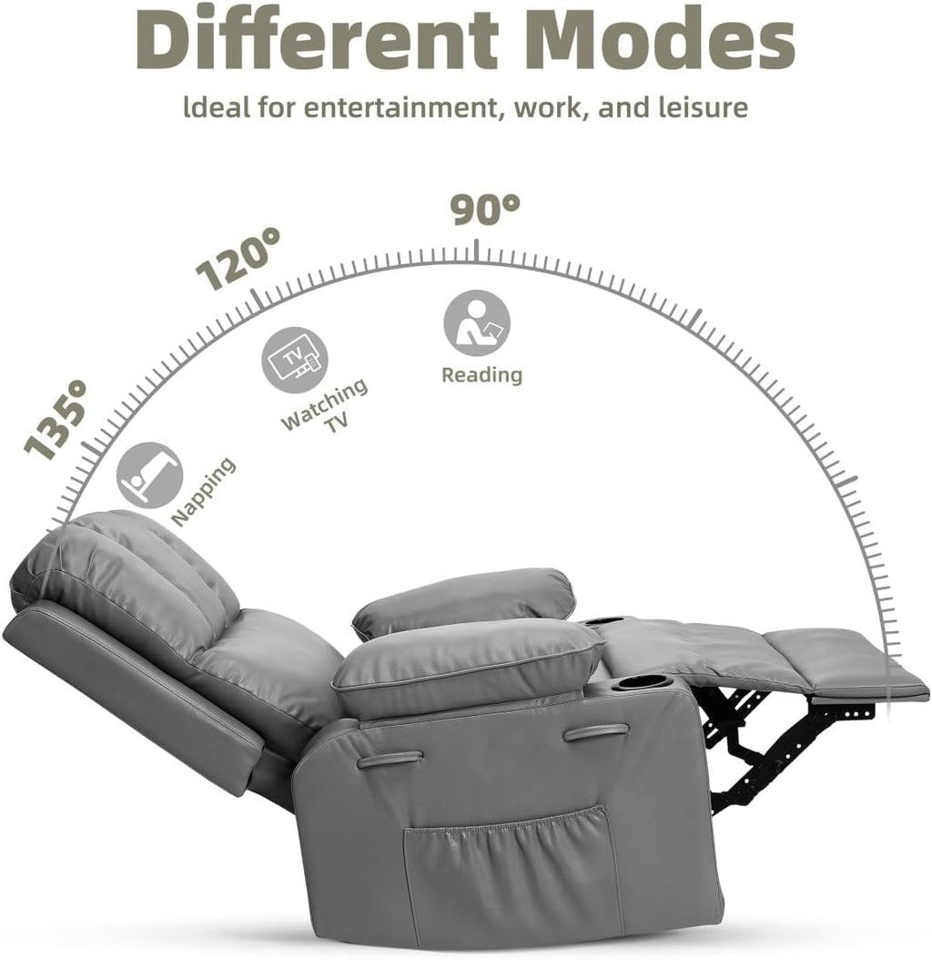 GarveeHome Recliner Chair, 360° Swivel Rocker Recliners with Heat & Massage, Soft Lazy Boy Recliner Chair with 2 Cup Holders and Side Pocket for Living Room Bedrooms and Nurseries -Grey