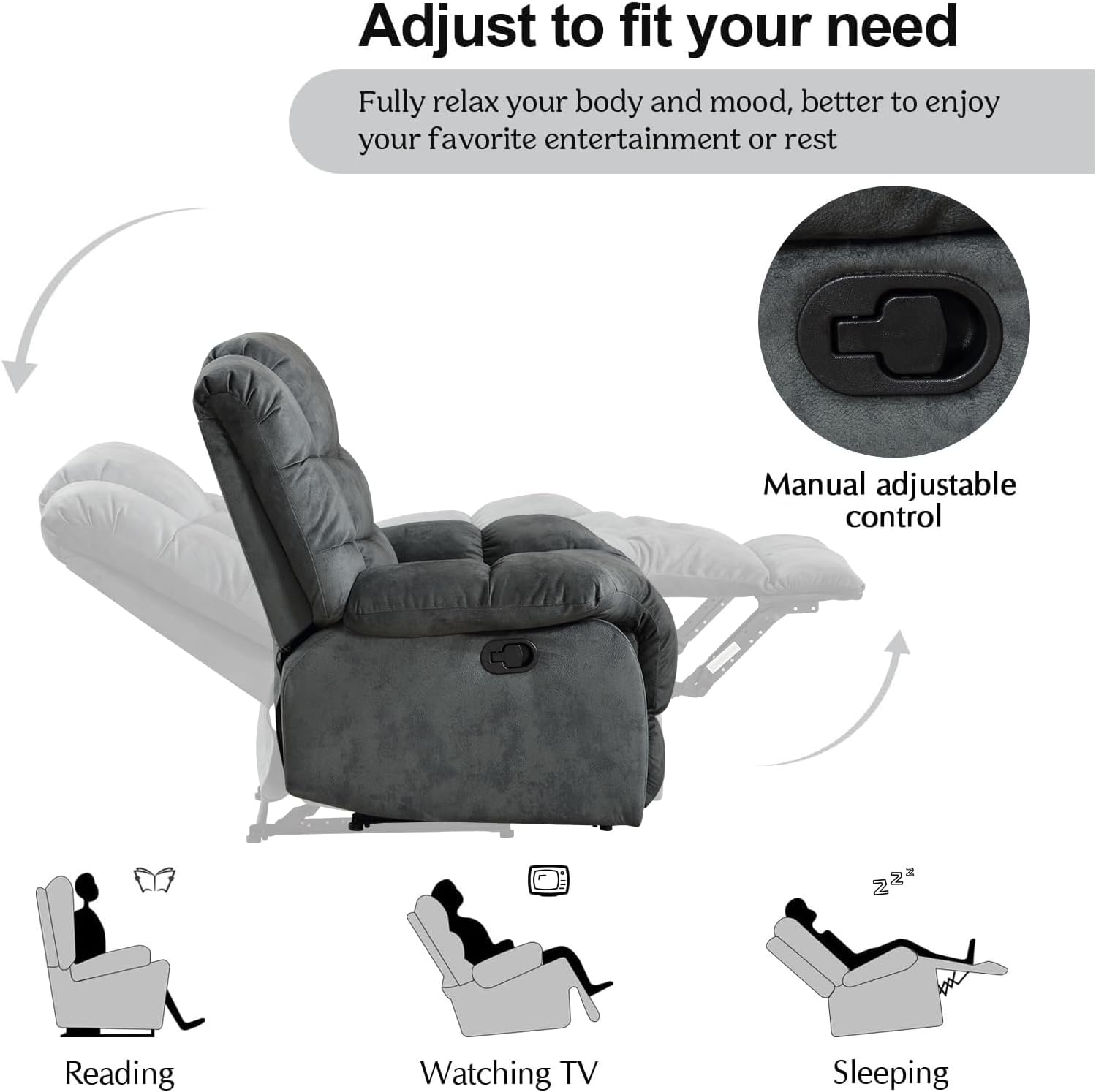 CANMOV Manual Reclining Sofa Set,2 Pieces Sofa Furniture Set for Living Room, Manual Recliner Chair and Recliner Loveseat with Arms for Living Room, Bedroom, Grey(1+2)