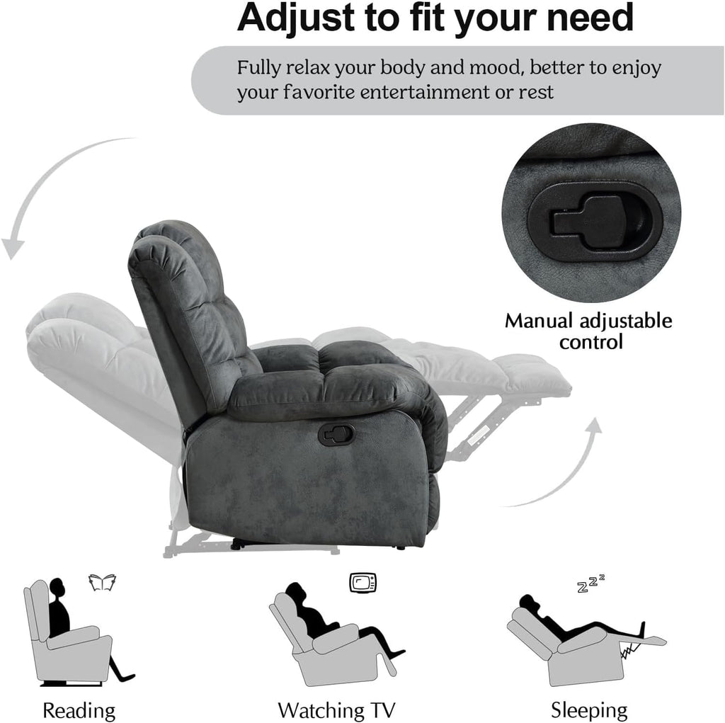 CANMOV Manual Recliner Chair, Single Reclining Sofa with Overstuffed Backrest and Armrest for Living Room, Bedroom Furniture, Grey