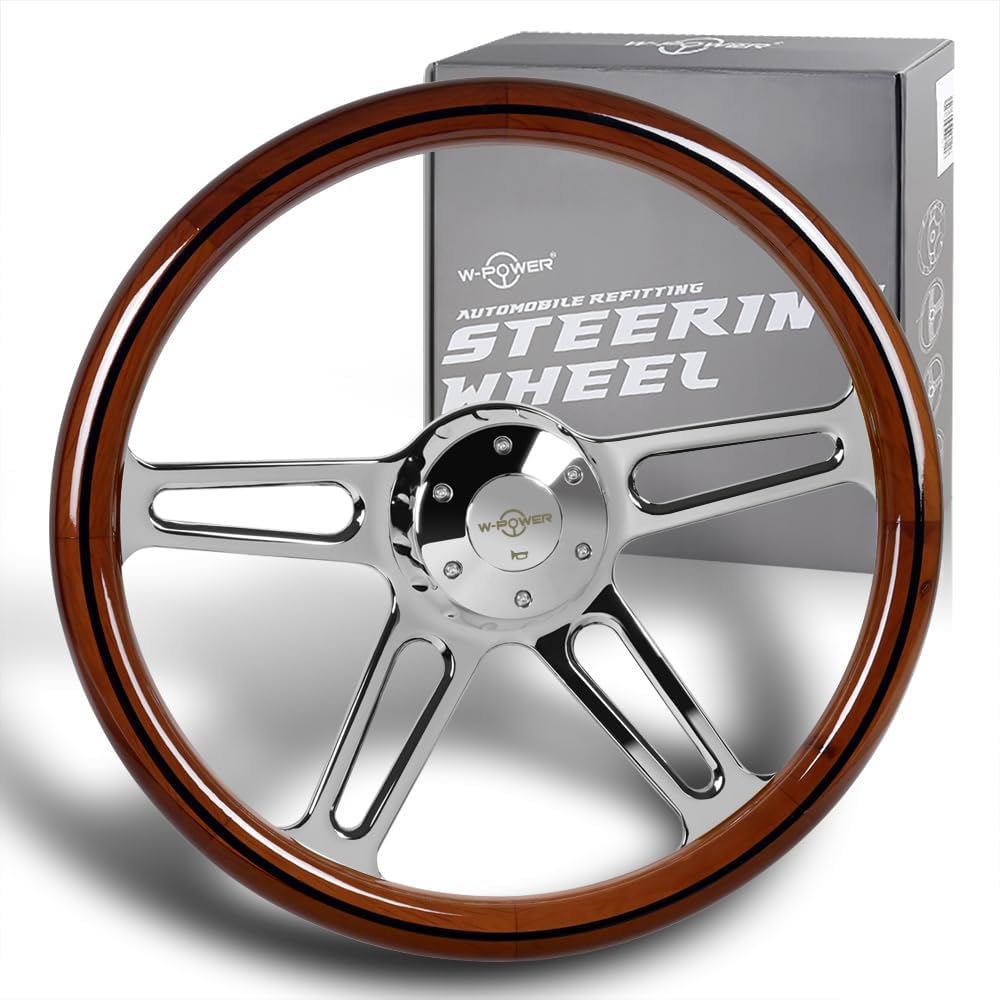 18' Universal 457mm 5 Bolt Hole 2 Inches Deep, Vintage Style Wood Grip Steering Wheel with Hub Adapter Compatible with T04 Kenworth, Peterbilt All Models (Dark Wood Grip)