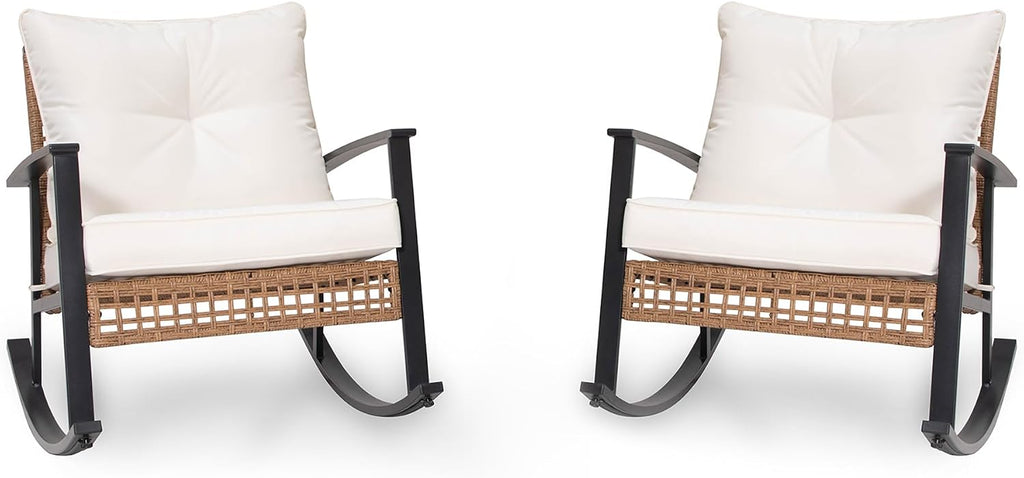 LAUSAINT HOME Wicker Rocking Chair Set of 2, Oversized Patio Chair Comfy Rocker Chair with Thick Cushion, Modern Cozy Lounge Chair for Living Room,Bedroom(Beige)