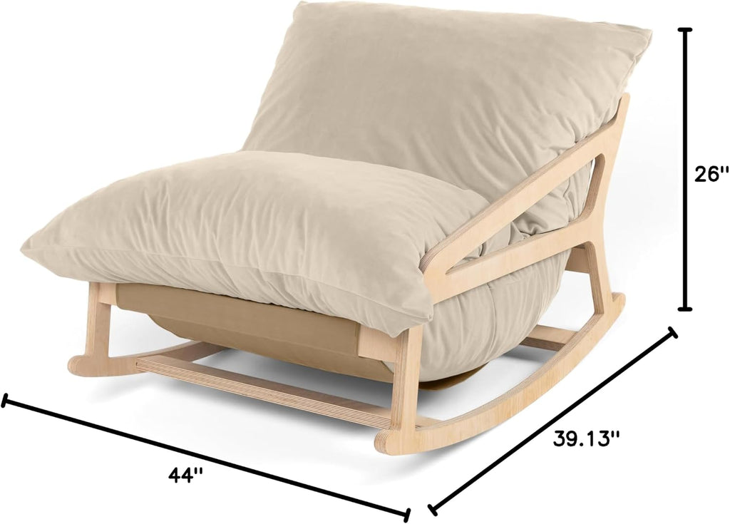 Pillow Saxx Bean Bag Rocking Chair - Elegant Oversized Rocker with Modern Wood Frame, Lush Velvet Ivory