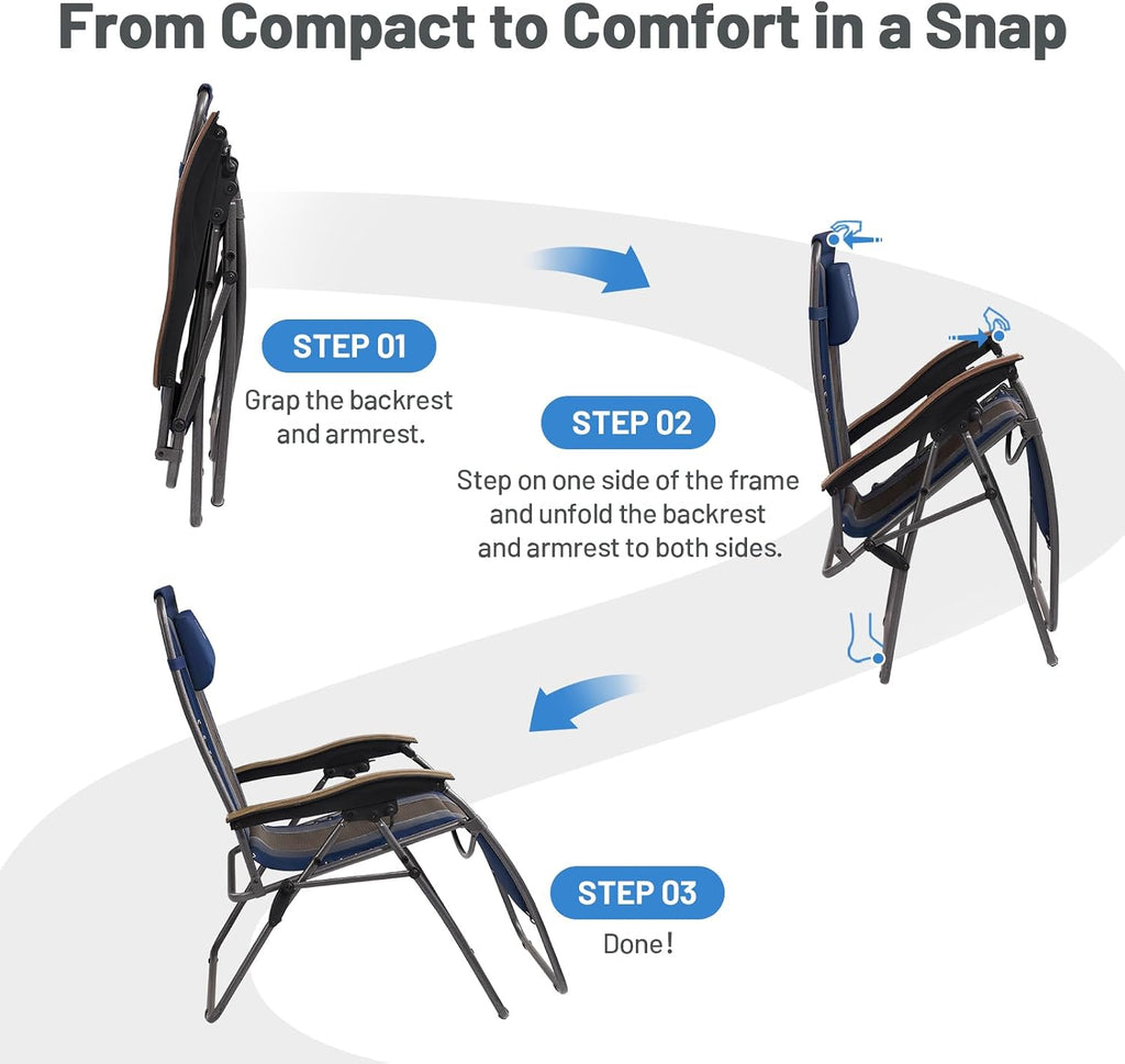 Timber Ridge Oversized Zero Gravity Chair, Padded Reclining Lounge Chair with Adjustable Headrest & Cup Holder, Heavy Duty Support 350 lbs, Foldable for Camping, Lawn, Outdoor & Indoor