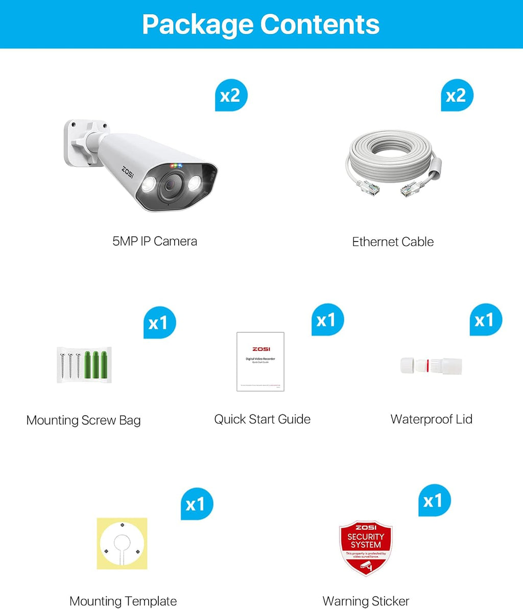 ZOSI 2 Pack 5MP PoE IP Camera with Person Vehicle Detection, Outdoor Indoor Security Camera with 2-Way Talk, Color Night Vision, Smart Light&Sound Alerts, Only Compatible POE NVR System