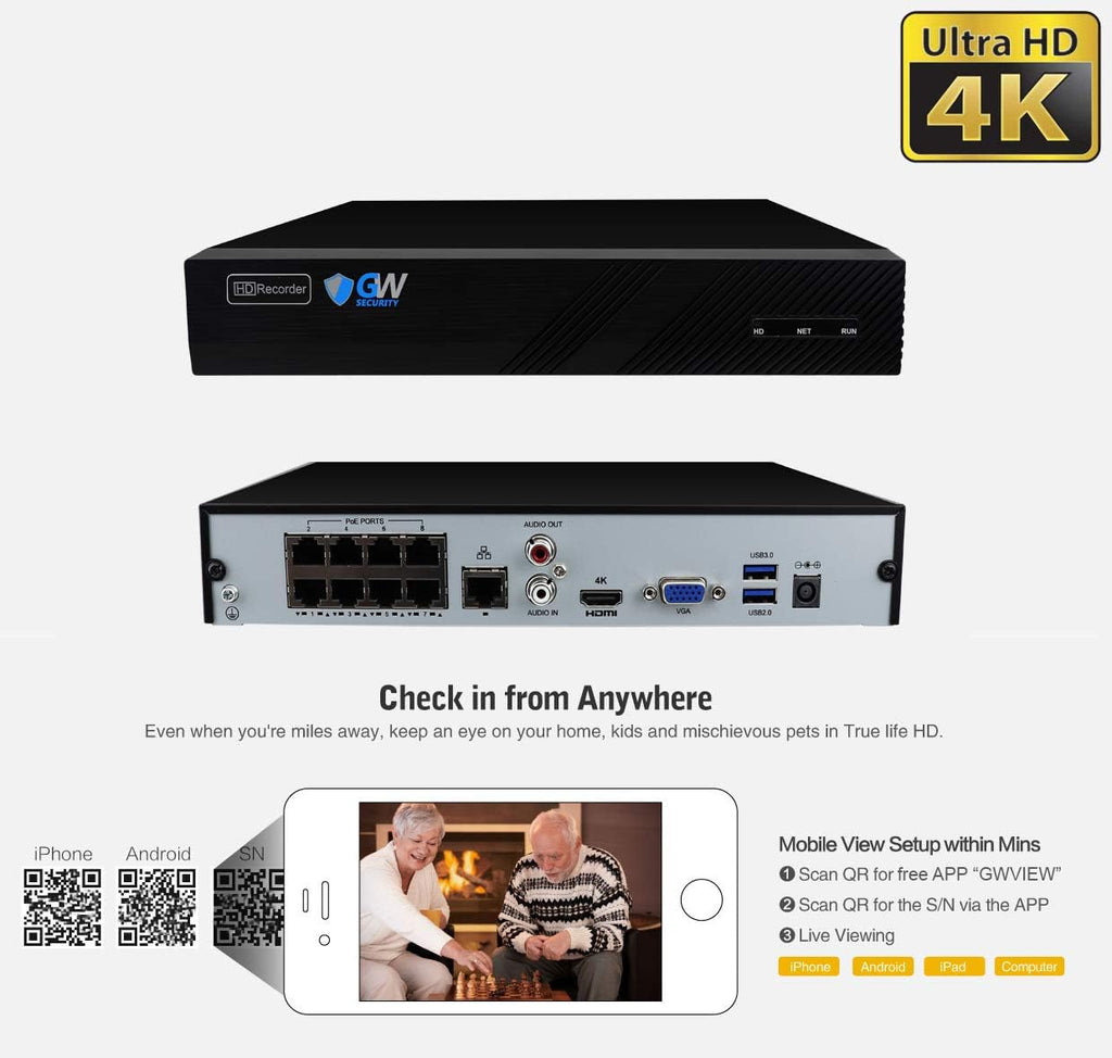 GW Security 8 Channel 4K NVR 5MP POE Audio & Video Security Camera System - Six 5MP 1920P Weatherproof Bullet Cameras,Built in Microphone, Quick QR Code Easy Setup, Pre-Installed 2TB Hard Drive