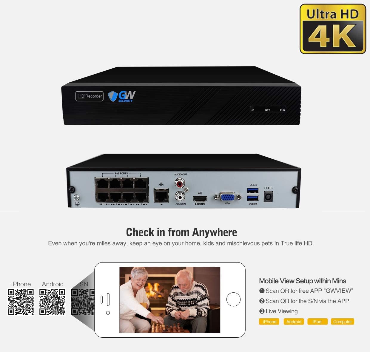 GW Security 8 Channel 4K NVR 5MP POE Audio & Video Security Camera System - Six 5MP 1920P Weatherproof Bullet Cameras,Built in Microphone, Quick QR Code Easy Setup, Pre-Installed 2TB Hard Drive