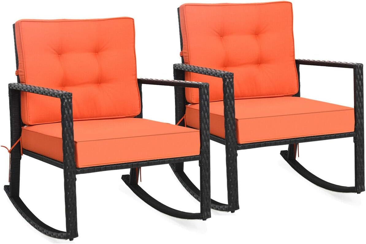 Tangkula Wicker Rocking Chair, Outdoor Glider Rattan Rocker Chair with Heavy-Duty Steel Frame, Patio Wicker Furniture Seat with 5' Thick Cushion for Garden, Porch, Backyard, Poolside (2, Orange)