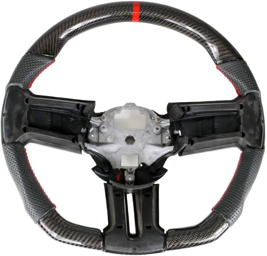 Compatible with 2010-2014 Ford Mustang, Steering Wheel with Red Stitching & Indicator, Black Carbon Fiber & Perforated Leather Steering Wheel Brushed Kit by IKON MOTORSPORTS