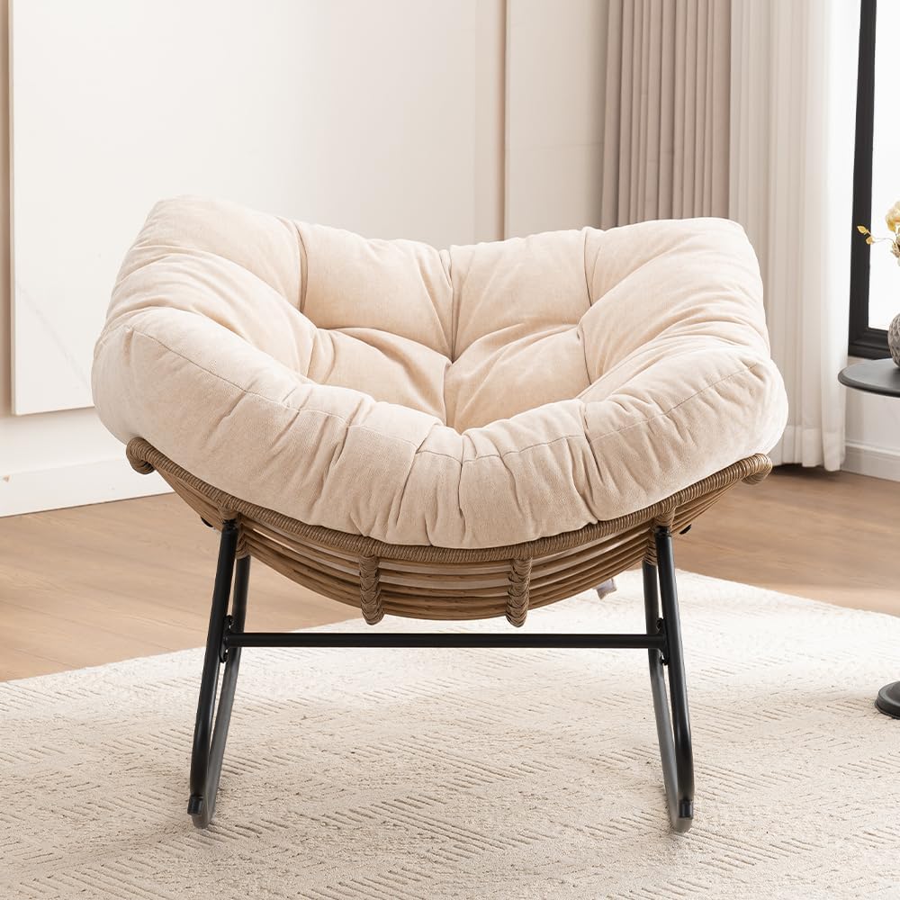 Outdoor Papasan Chair, Oversized Rocking Chair with Cushion and Metal Frame, Patio Lounge Rocking Chair for Balcony Backyard Porch Bedroom Living Room (Beige)