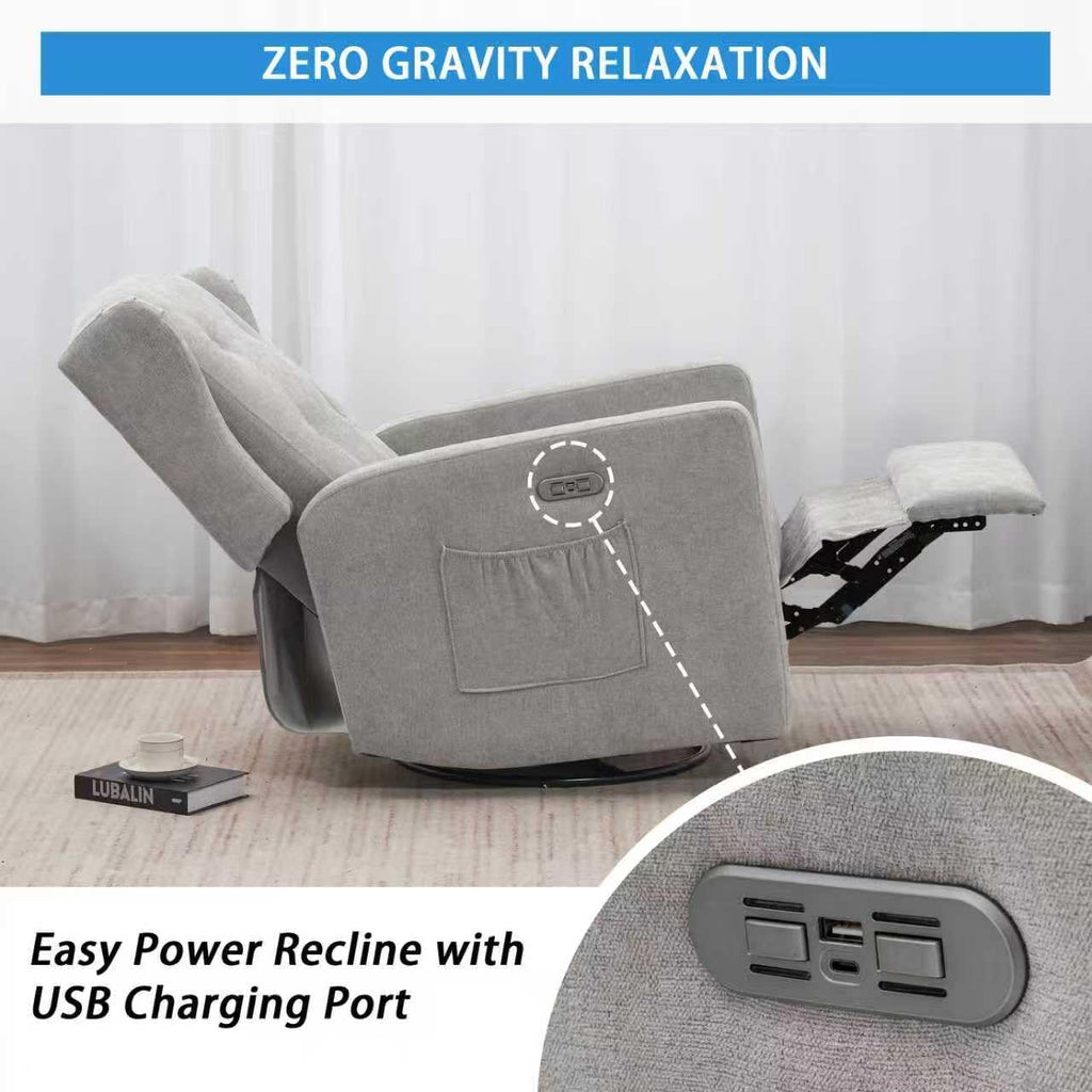 Swivel Rocker Power Recliner Chair for Nursery, 270° Swivel Glider Recliner with USB & Type-C Charging, Electric Reclining Chair with Storage Pockets, Upholstered Recliner for Living Room (Grey)
