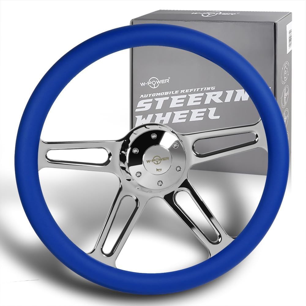 18' Universal 457mm 5 Bolt Hole 2 Inches Deep, Vintage Style Leather Grip Steering Wheel with Hub Adapter Compatible with T04 Kenworth, Peterbilt All Models (Blue Leather Grip)