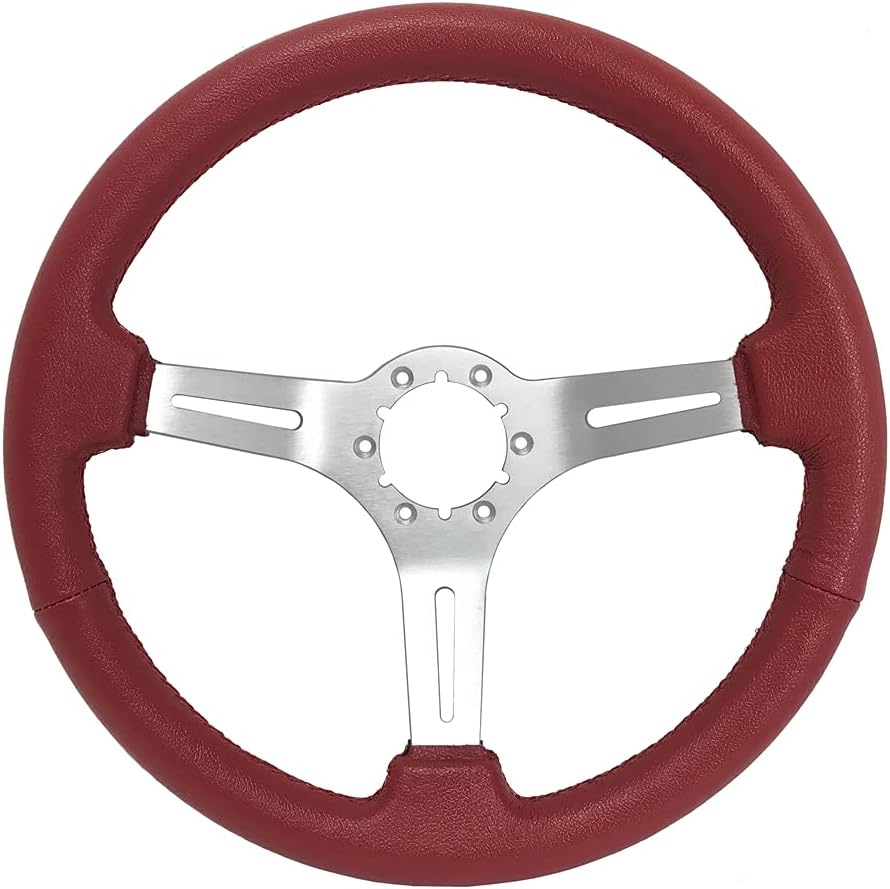 VSW S6 Steering Wheel, Red Leather 6 Bolt Brushed Slotted 3-Spoke ST3014RED