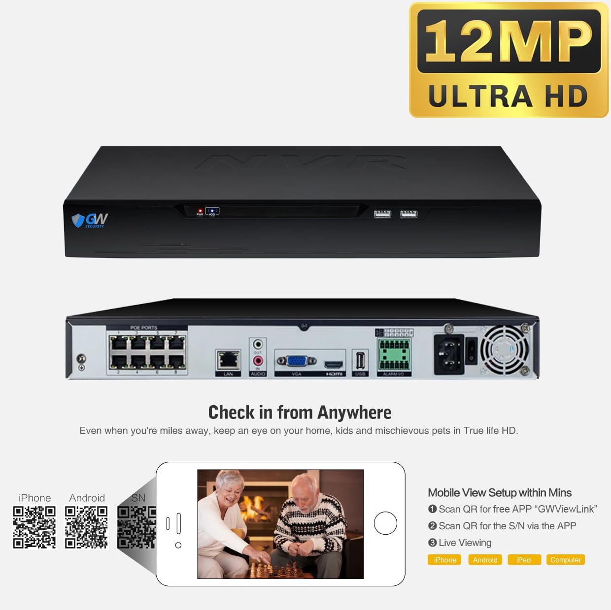 GW Security 8 Channel NVR UltraHD 12MP 4K @30FPS Face/Human/Vehicle Detection PoE Security Camera System with 4 x 12MP IP Microphone Smart AI Dome Cameras, Color Night Vision, Outdoor/Indoor Camera