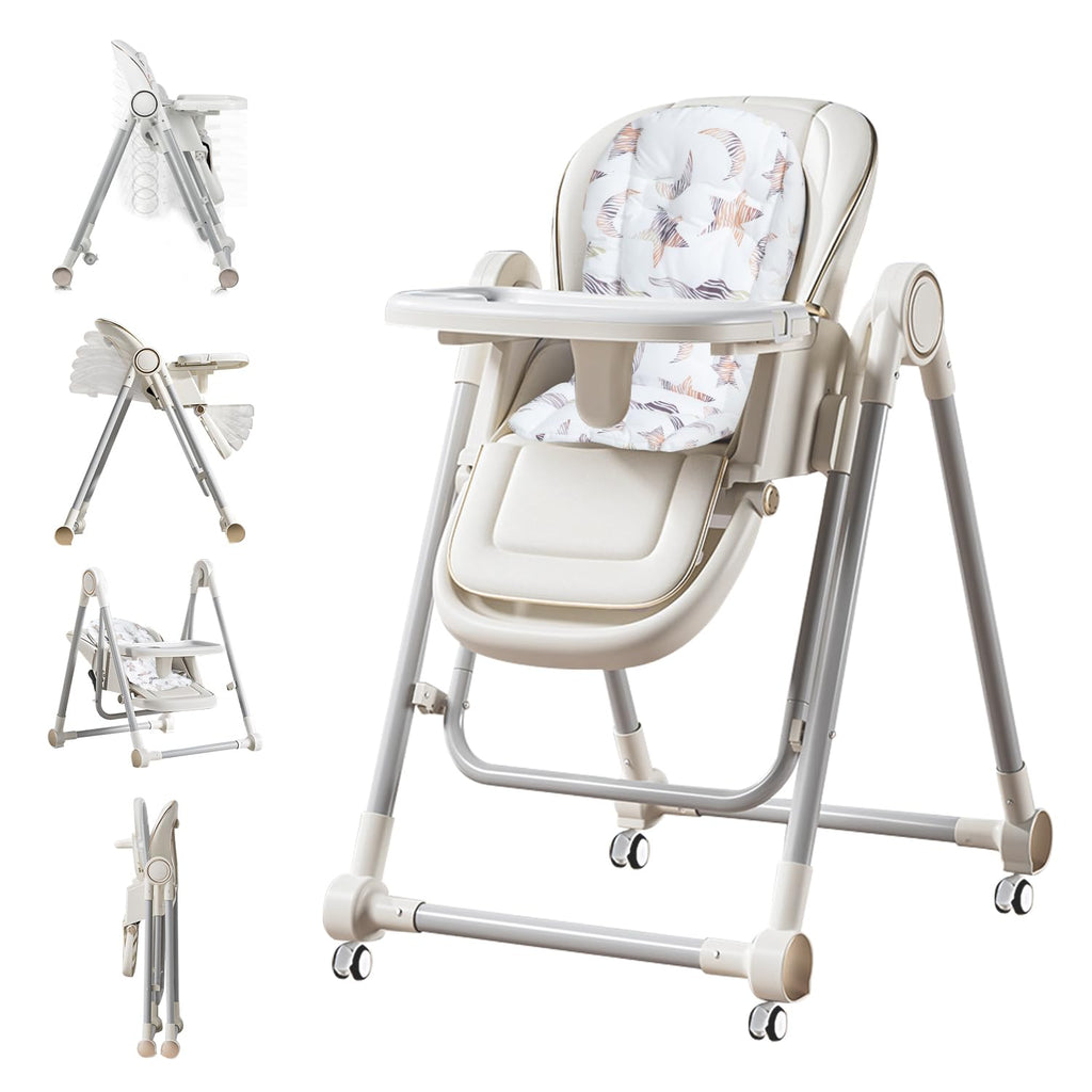 5 in 1 Baby High Chair Swing Combo - Foldable Baby High Chair with Removable Washable Soft Cushion and Tray, Adjustable Height & Recline, Lockable Wheels for 6-36 Months Infants Boys Girls