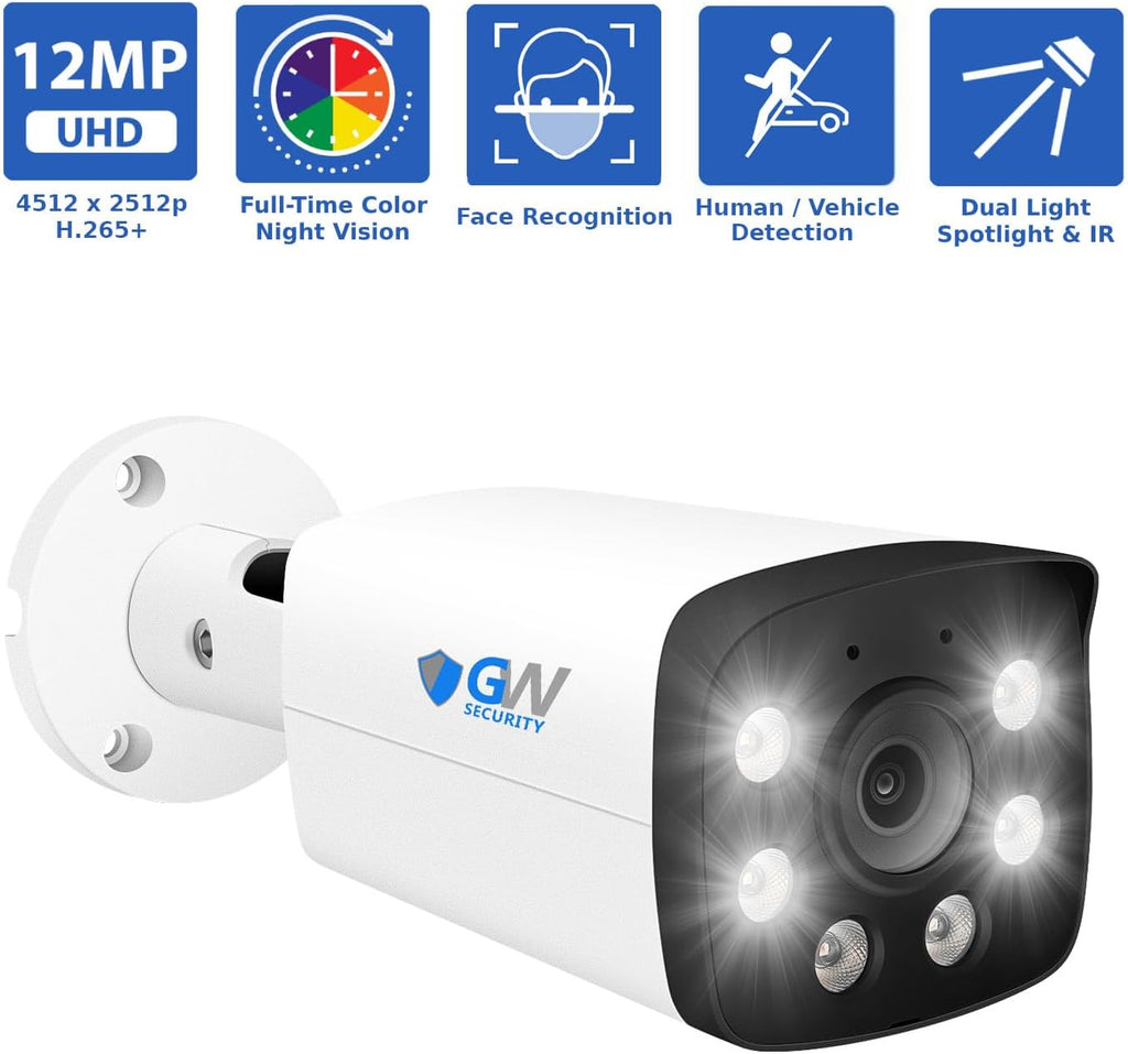 GW Security 16 Channel NVR UltraHD 12MP AcuSearch Full-Time Color Night Vision PoE Security Camera System with 8 x 12MP IP Microphone Smart AI Face/Human/Cars Detection Outdoor/Indoor Bullet Cameras