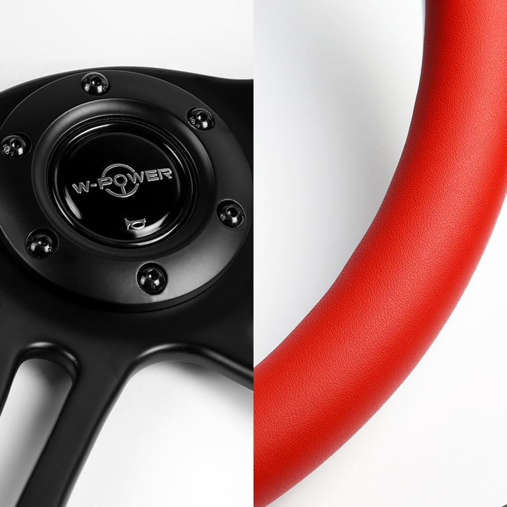 W-Power, 14' Universal 350mm 6 Bolt Hole Vintage Style with Aluminum Polished Special Leather Grip Steering Wheel, Black Horn Button, 4-Spoke (Red Leather/Black Spoke)