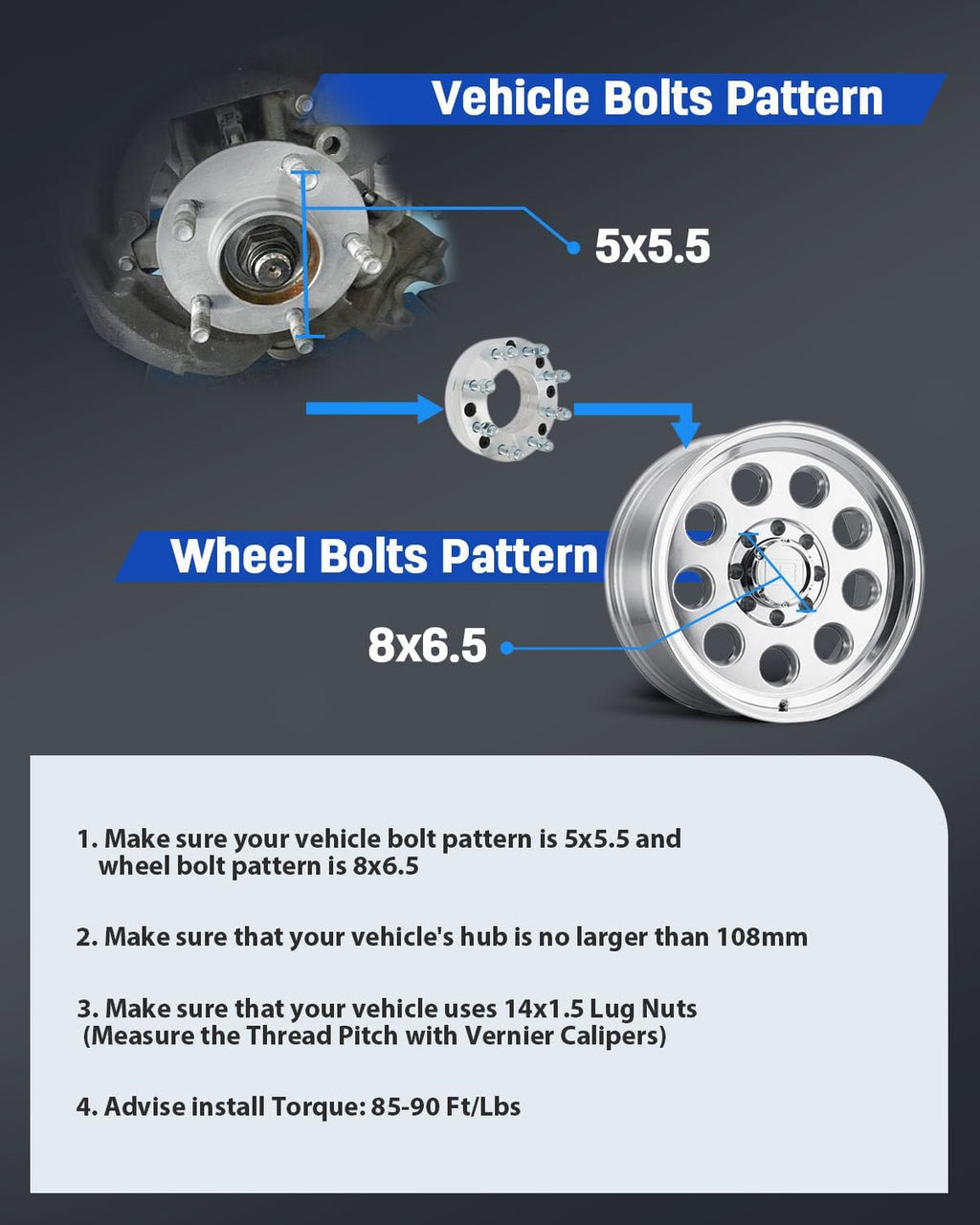 4PCS 5x5.5 to 8x6.5 Wheel Adapters Conversion 2 inch for Ram 1500 2012-2018 | change bolt pattern from 5x5.5 to 8x6.5 ( only Wheels 8x6.5 Bolt Pattern)-NOT FIT Stock Rims