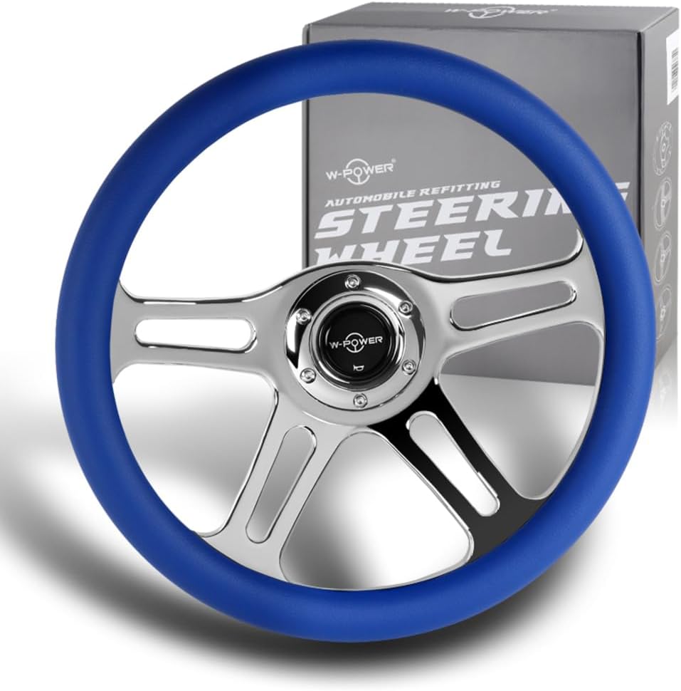 W-Power, 14' Universal 350mm 6 Bolt Hole Vintage Style with Aluminum Polished Special Leather Grip Steering Wheel, Black Horn Button, 4-Spoke (Blue Leather/Chrome Spoke)