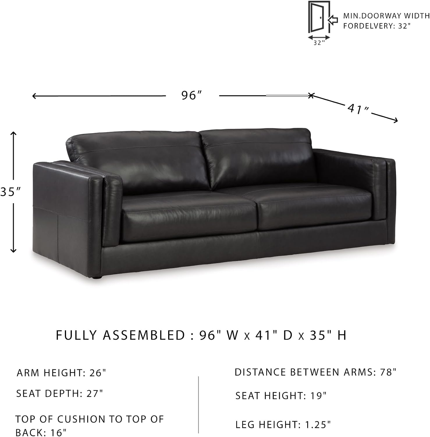 Signature Design by Ashley Amiata Modern Leather Match Sofa with Non-skid Legs, Black