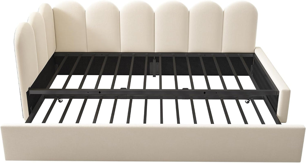 Merax Modern Upholstered Sofa Day Bed with Trundle Bed, Floor Platform Bed Frame with Headboard, No Box Spring Needed/Easy Assemble Twin, Beige