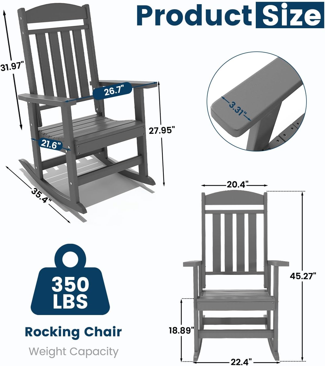 FOOWIN Outdoor Rocking Chair Set of 8, High Back Patio Rocking Chair, HDPE All Weather Resistant Porch Rocker for Adult, Oversized Rocking Chairs for Garden, Lawn, Indoor & Outdoor Use, Grey