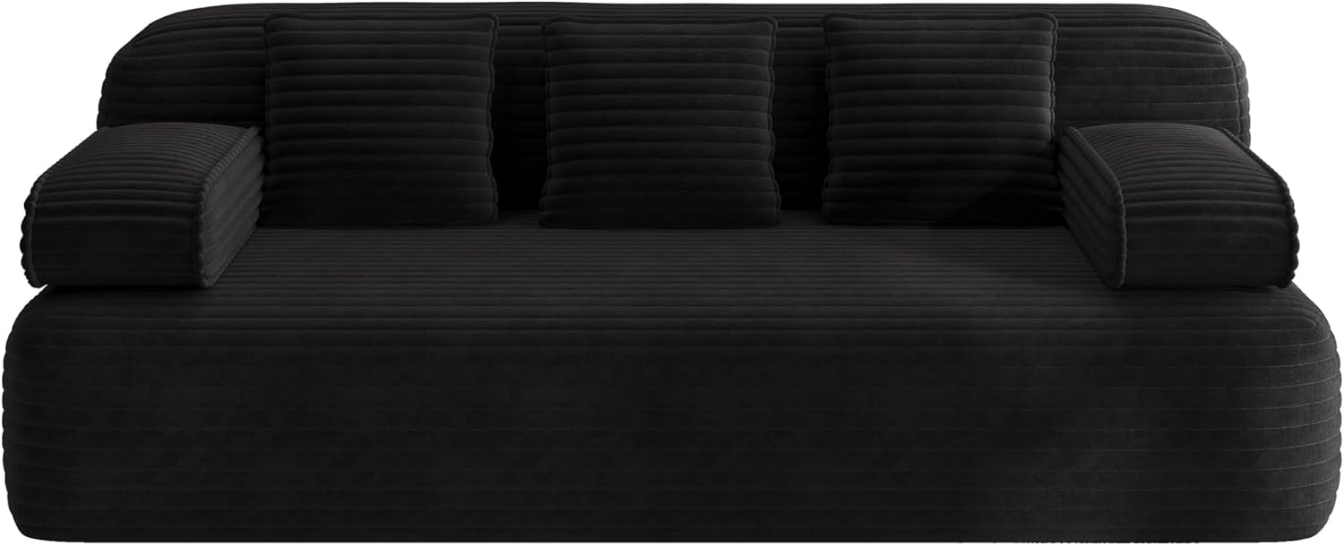 78.7'' Boneless Couches Queen, Corduroy Futon Sofa Bed, Modern Floor Couch, Cloud Convertible Sleeper Sofa Daybed, Comfy Loveseat, 3 Pillows, for Small Spaces, Living Room, Apartment, Black