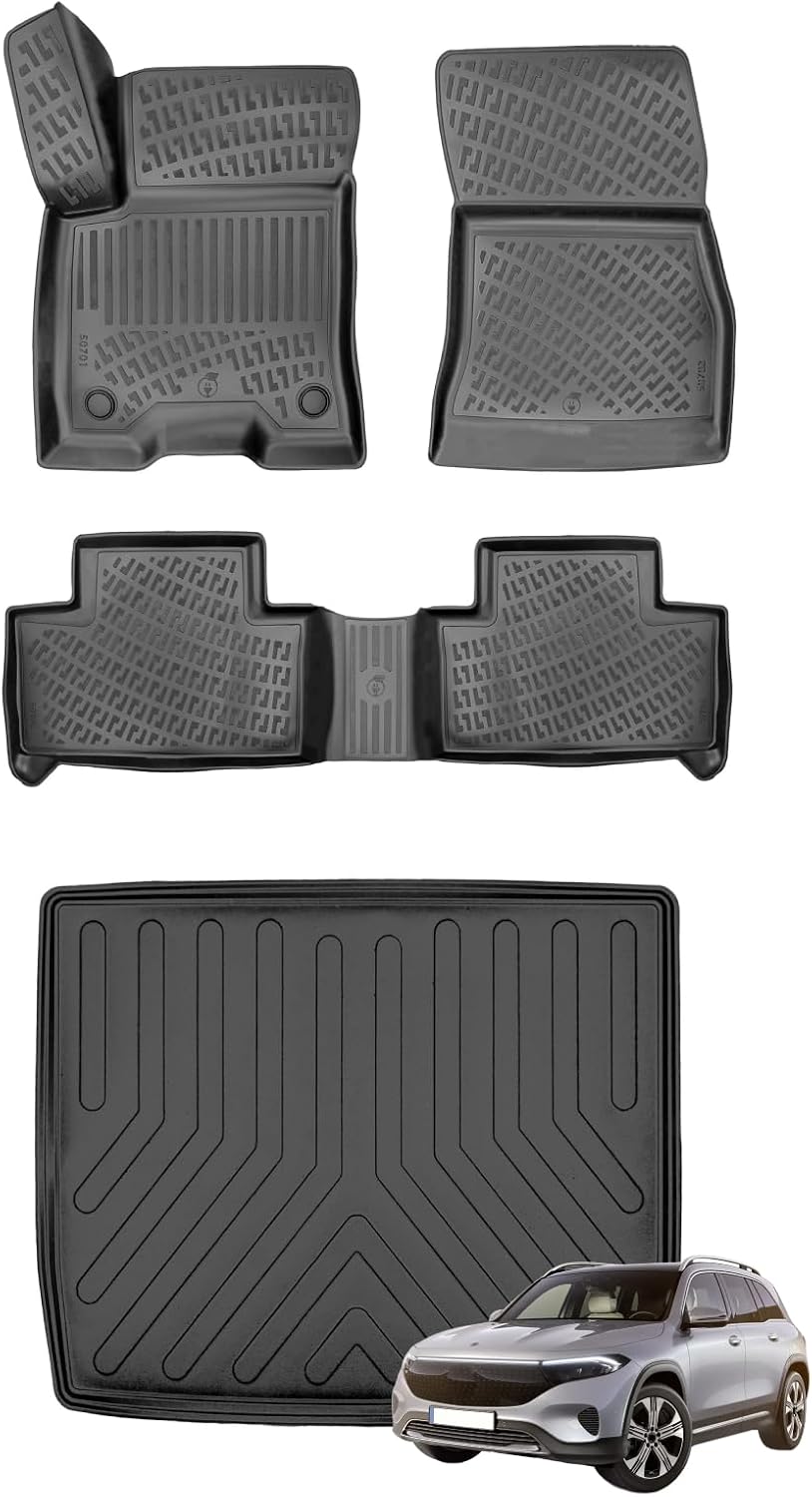 Car Floor Mats + Cargo Liner +Upper Compatible for Mercedes-Benz EQB 2022-2024 Black | Front & Rear Full Set Trunk Mat with Floor Mats | Waterproof | All Weather | High Tech Mat
