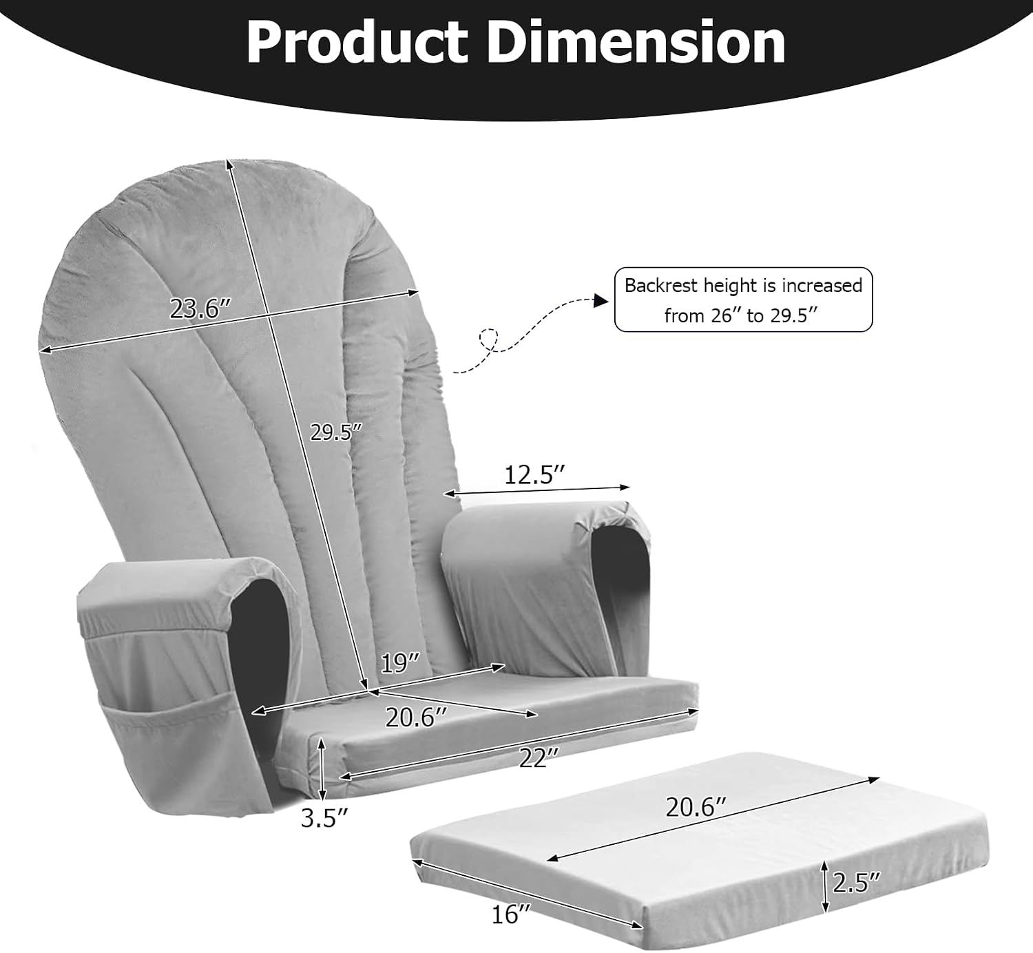 ANMINY 5pcs Glider Rocker Replacement Cushions Set Pack of 2 - Thickened Velvet Glider Rocking Chair Cushions with 29 inch High Backrest & Side Pockets for Indoor Nursery, Washable & Non Slip, Gray