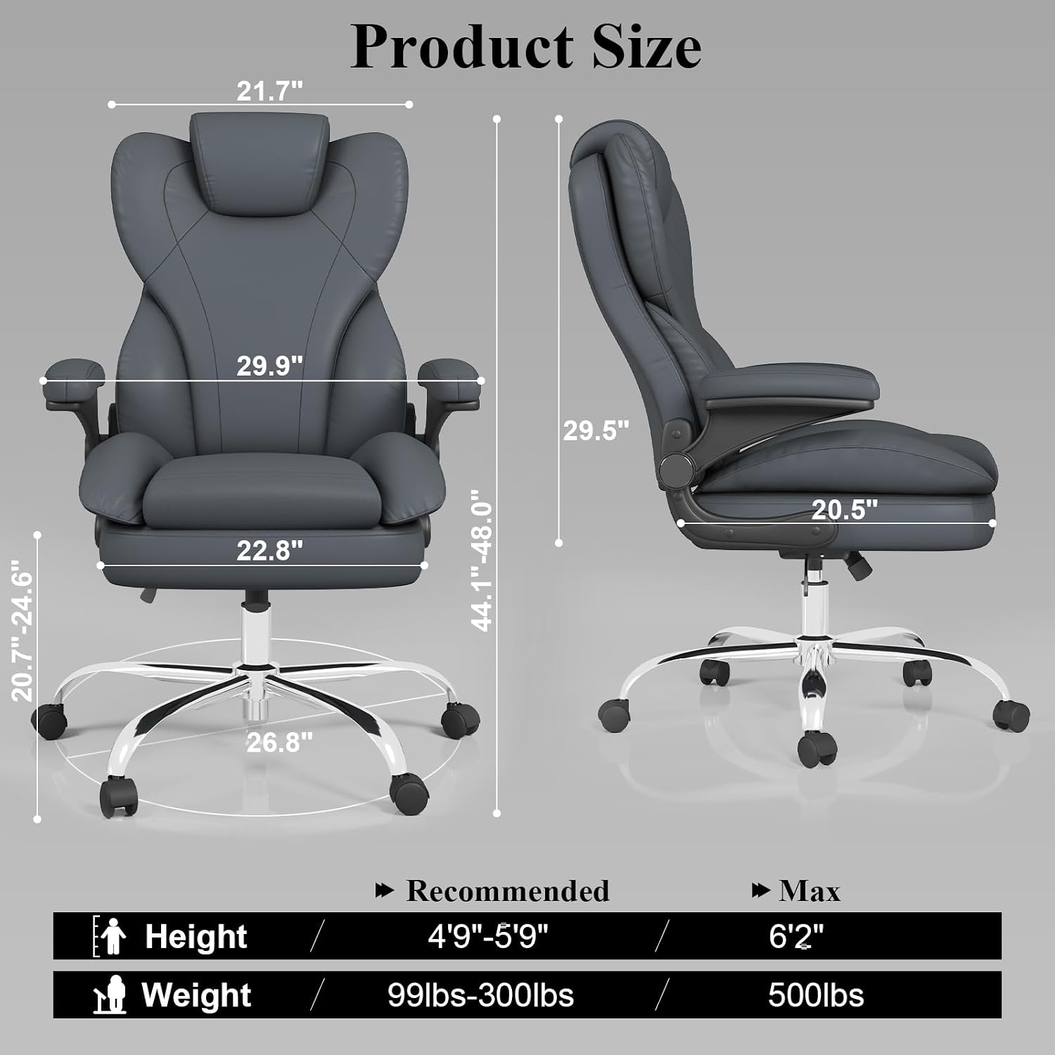 Office Desk Chair, Executive Leather Office Chair, High Back Ergonomic Home Desk Chair with Padded Flip-up Arms, Big and Tall Computer Chair with Rocking Function, 360°Swivel Free, Gray