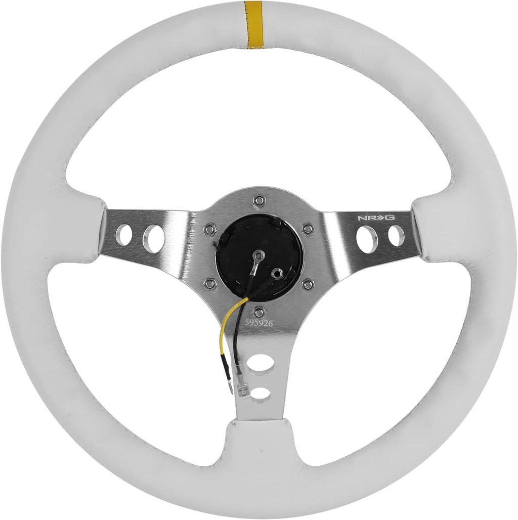 NRG Innovations NRG-RST-006WT-Y Reinforced Steering Wheel 350mm Sport Steering Wheel (3' Deep), Silver Spoke with White Leather Finish and White Stitch