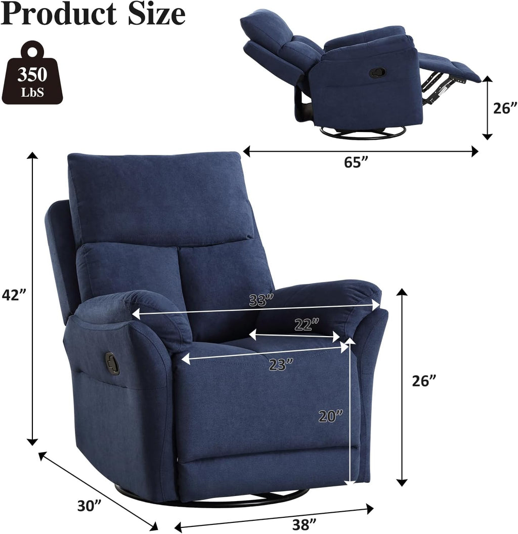 CANMOV Swivel Rocker Recliner, Manual Recliner with Overstuffed Cushion, Nursing Chairs for Living Room, Swivel Glider Recliners with Soft Backrest, Blue