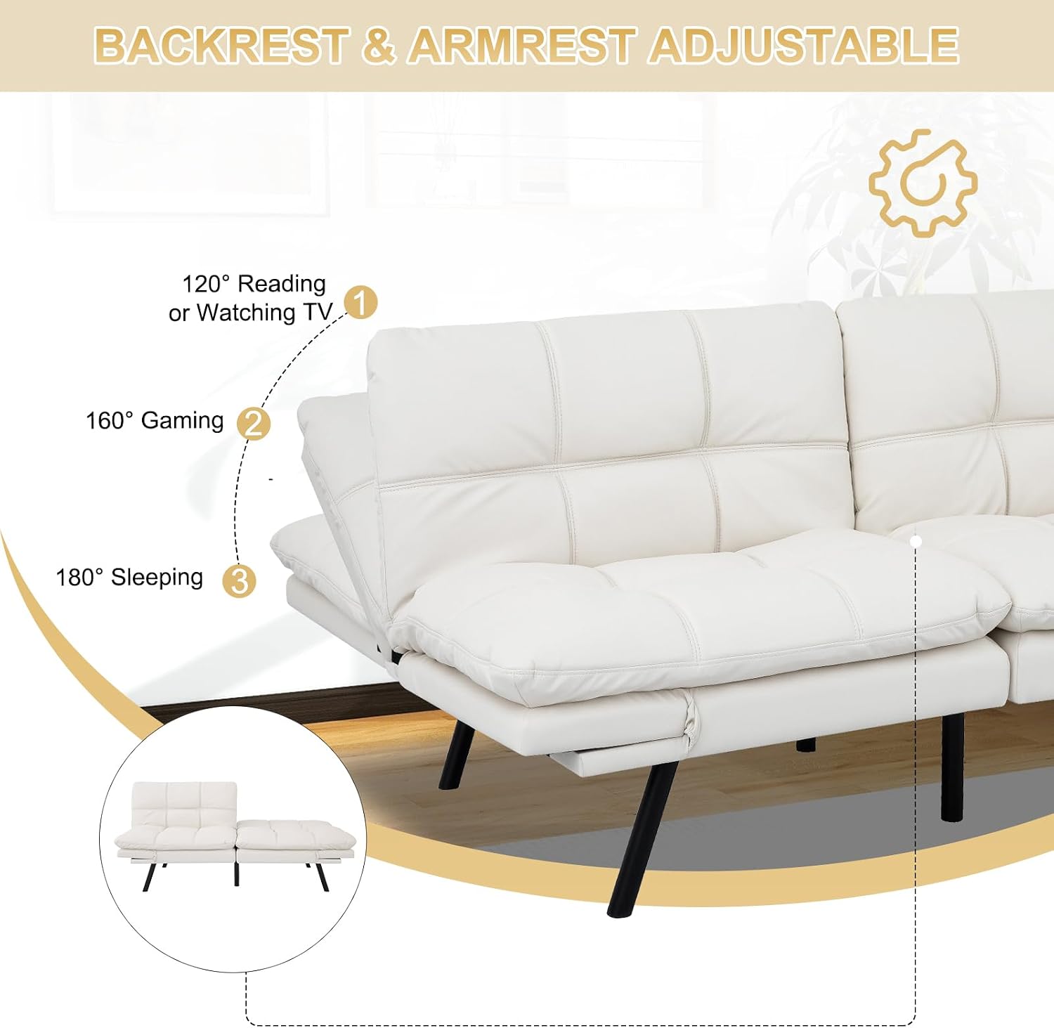 MUUEGM Futon Convertible Sofa Bed, Memory Foam Sleeper Couch,Modern Loveseat for Living Room,Adjustable Armrests Backrest Sofabed, White,Faux Leather.
