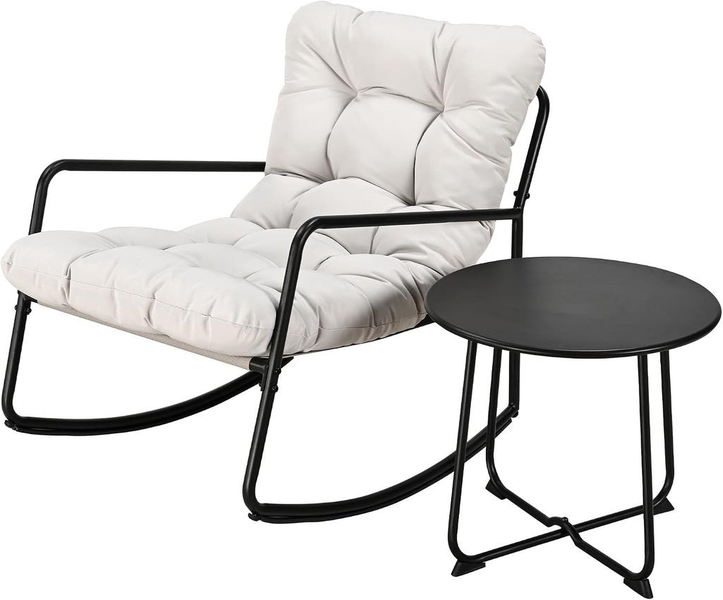 2-Piece Outdoor Rocking Chair Set, Comfy Papasan Patio Lounge Chair with Thick Cushion, Oversized Patio Bistro Furniture with Side Table for Porch, Garden, Living Room (Beige)
