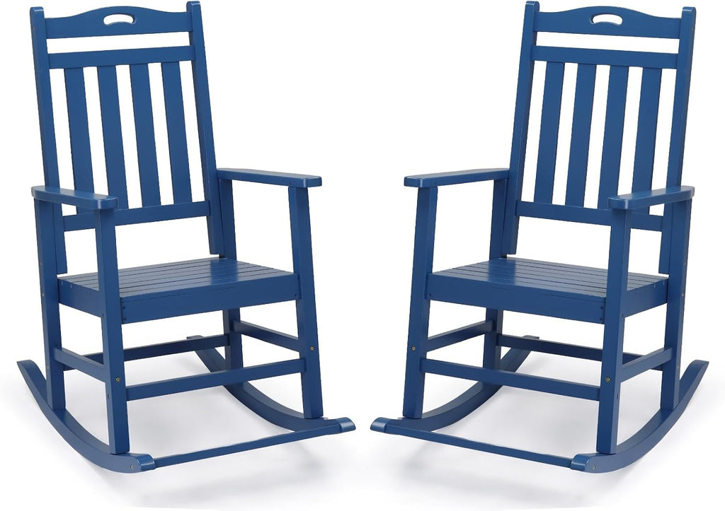VINGLI Outdoor Rocking Chair with Footrest, Wooden Rocking Chair with 450 LBS Weight Capacity, Patio Rocker with Comfortable Backrest for Garden, Yard (Navy Blue, 2PCS)