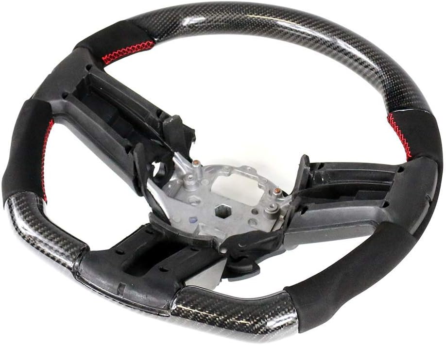 IKON MOTORSPORTS, Steering Wheel Compatible With 2010-2014 Ford Mustang, Black Carbon Fiber & Synthetic Suede Steering Wheel Brushed Kit With Red Stitching, 2011 2012 2013