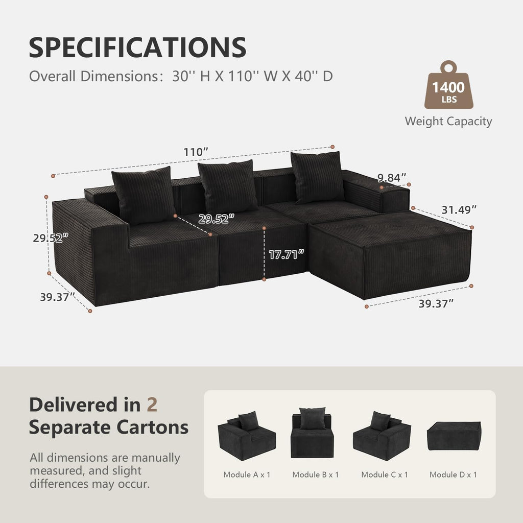 110' Sectional Couches for Living Room, 3 Seat Grey Corduroy Convertible Boneless Couches Sofa Bed with Pillows, Home Sofa Living Room Bedroom, Memory Foam Modular Couch Daybed Lazy Floor Bed