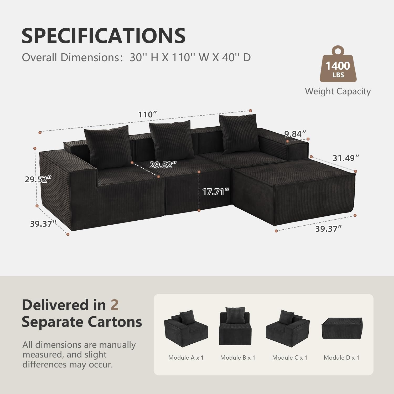 110' Sectional Couches for Living Room, 3 Seat Grey Corduroy Convertible Boneless Couches Sofa Bed with Pillows, Home Sofa Living Room Bedroom, Memory Foam Modular Couch Daybed Lazy Floor Bed