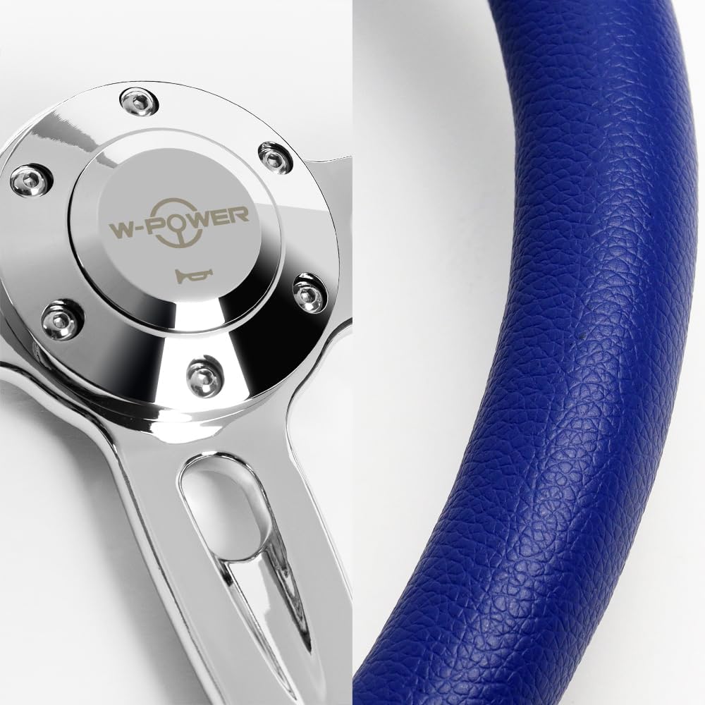 W-Power, 14' Universal 350mm 6 Bolt Hole Aluminum Polished Vinyl Wrap Leather Trim Steering Wheel, Chrome Horn Button JDM Euro VIP Style, 2' Deep (Blue Vinyl Wrap Leather)