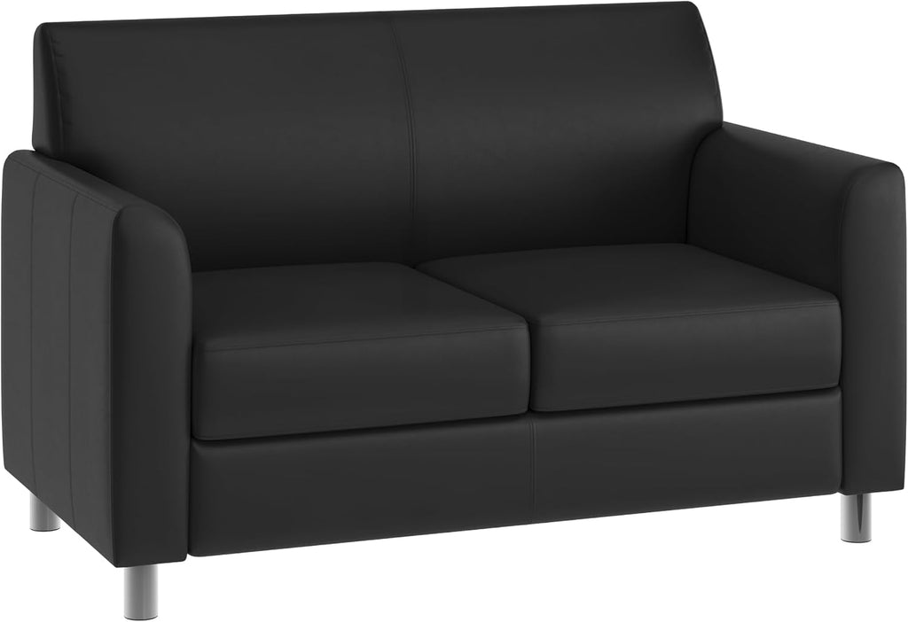 Flash Furniture Hercules Diplomat Side Reception Loveseat with Chrome Legs, Lobby Chair with Cushions and Flared Arms, Black LeatherSoft