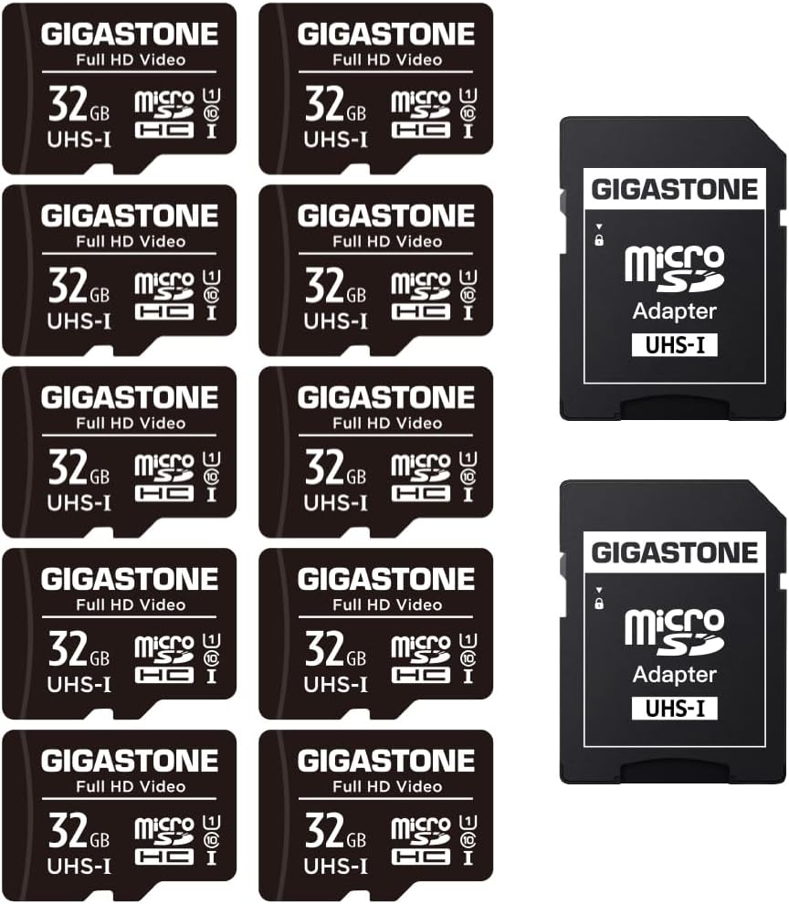 Gigastone 32GB Micro SD Card Full HD Video Surveillance Security Camera Action Camera Drone Micro SDHC UHS-I U1 C10 90MB/s (Pack of 10)
