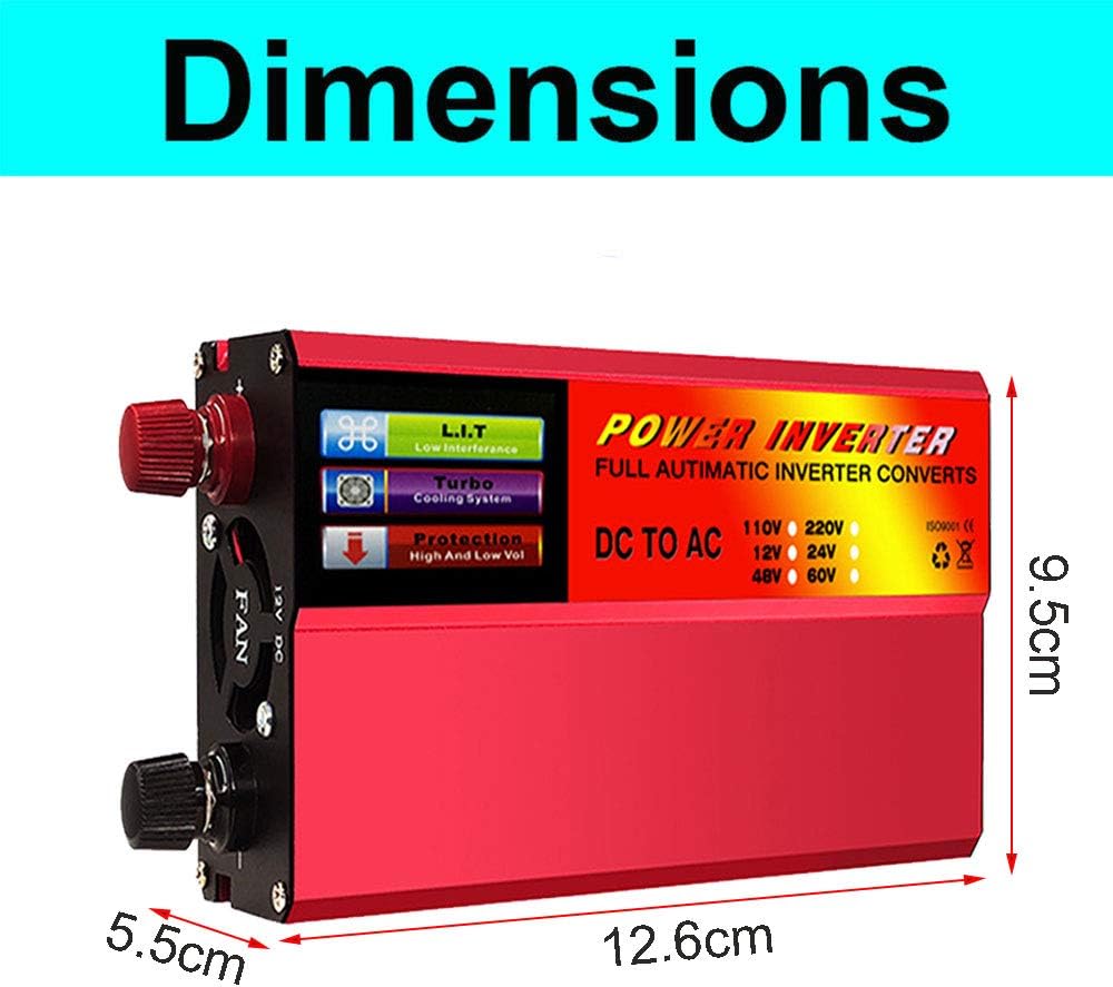 Solar Power Converter 500W/1000W/2000W/3000W DC 12V/24V to AC 110V/220V Modified Sine Wave Inverter with Outlets 1 USB Port and Digital Display,12v to 220v,500W