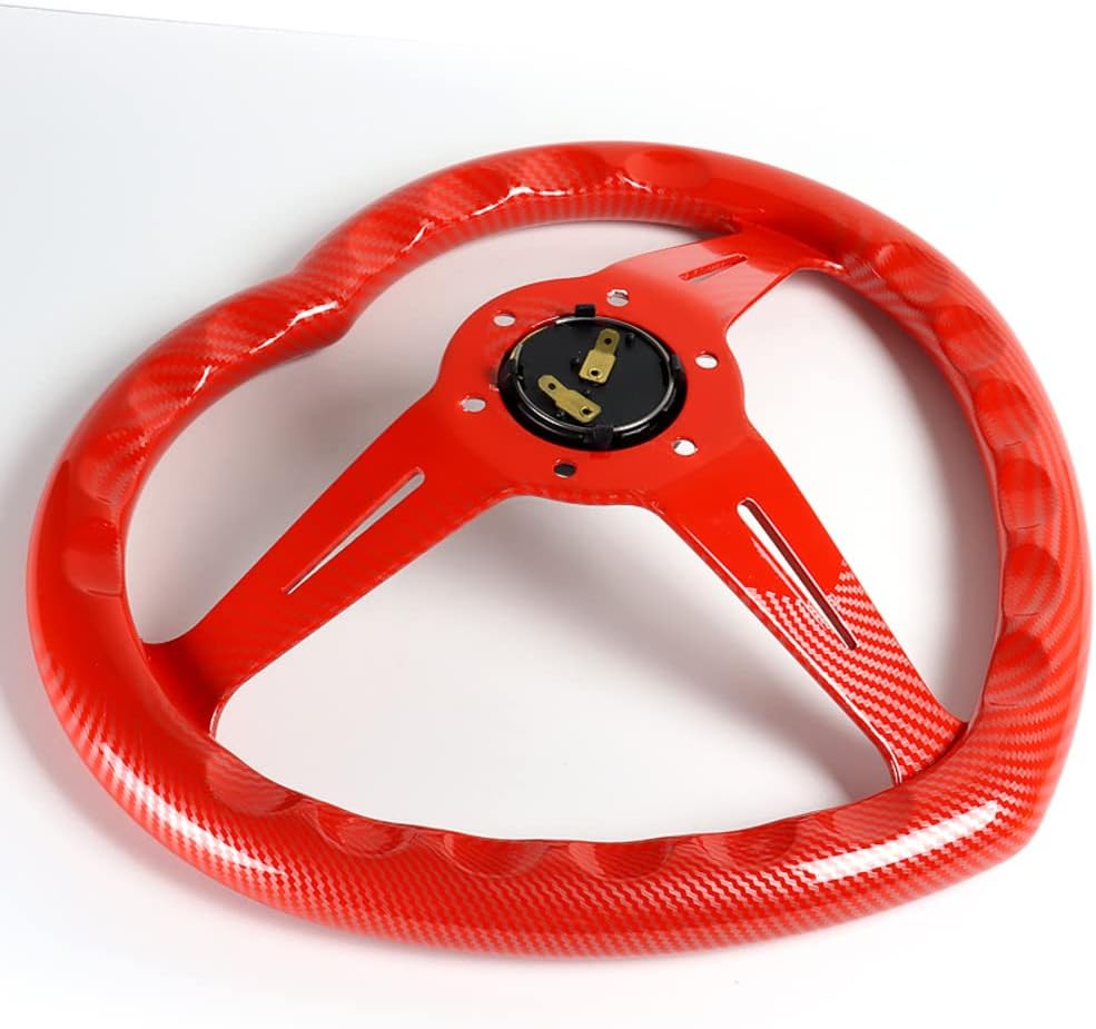 W-Power,13.5' Universal 343mm 6 Bolt Hole 3-Inche Deep Dish Aluminum Polished Heart-Shaped with Wood Grip Steering Wheel, Black Horn Button JDM Euro VIP Style, 3-Spoke (Carbon Red)